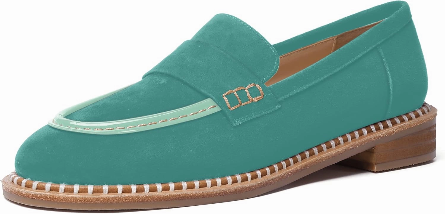 FOGEENA Womens Penny Round Toe Casual Fashion Slip On Suede Leather Chunky Low Heel Loafers Dress Shoes 1 Inch