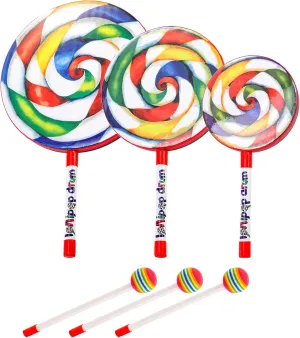 Foraineam 3 Pieces Lollipop Drum with Mallet 10 Inch 8 Inch 6 Inch Percussion Lollipop Hand Drum Musical Sound Tool Music Rhythm Instruments