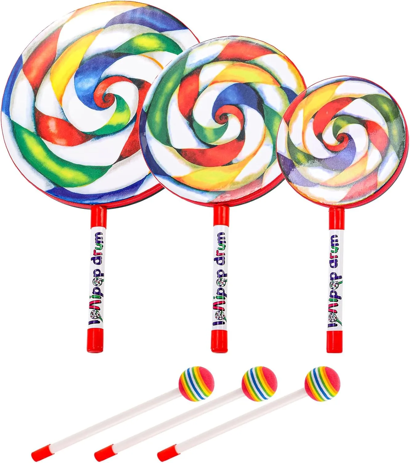 Foraineam 3 Pieces Lollipop Drum with Mallet 10 Inch 8 Inch 6 Inch Percussion Lollipop Hand Drum Musical Sound Tool Music Rhythm Instruments