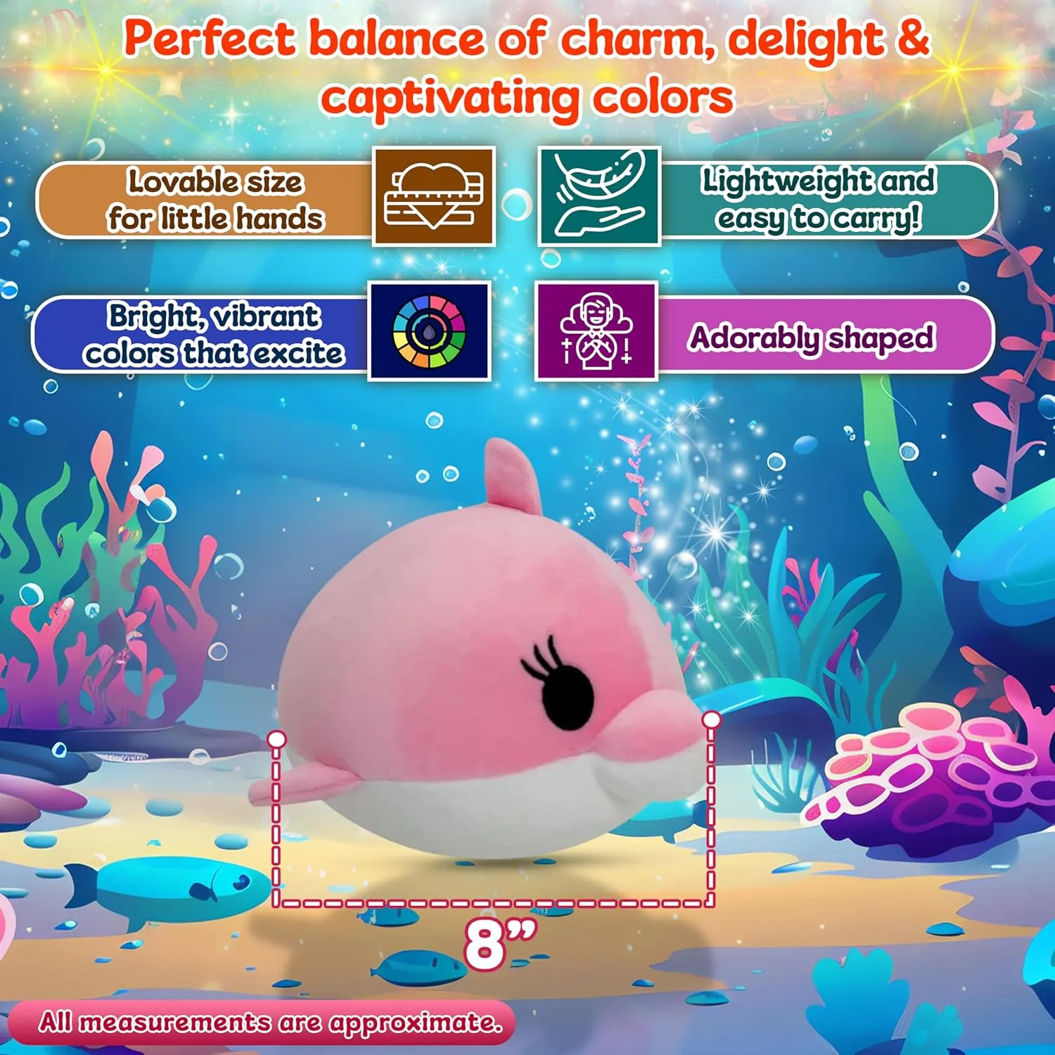Forest & Twelfth 8” Ocean Animal Puffer, Soft & Puffy Mini Pink Dolphin Stuffed Toy, Soft Plush Squishy Marine Animal Toys, Ultra Soft Stuffing, Great Gift Ideas for Kids (Pink Dolphin)