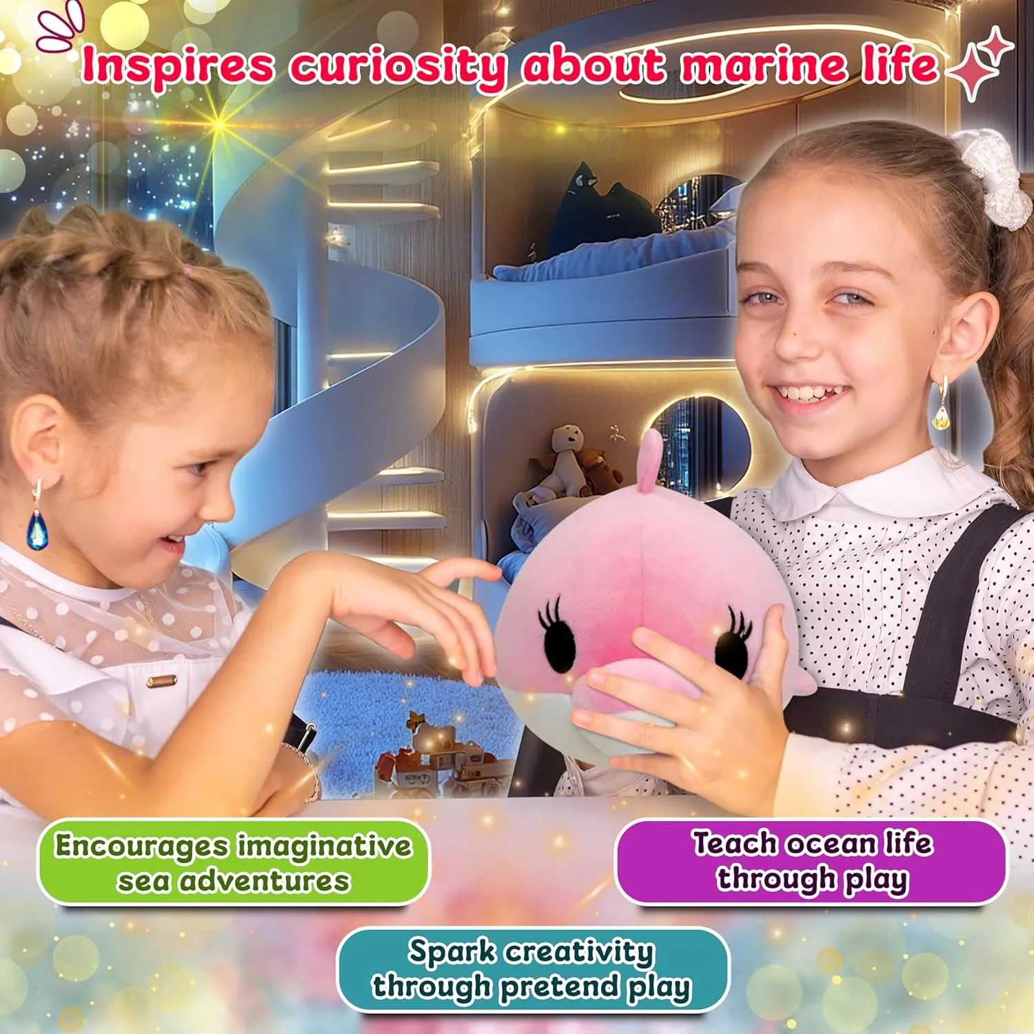 Forest & Twelfth 8” Ocean Animal Puffer, Soft & Puffy Mini Pink Dolphin Stuffed Toy, Soft Plush Squishy Marine Animal Toys, Ultra Soft Stuffing, Great Gift Ideas for Kids (Pink Dolphin)