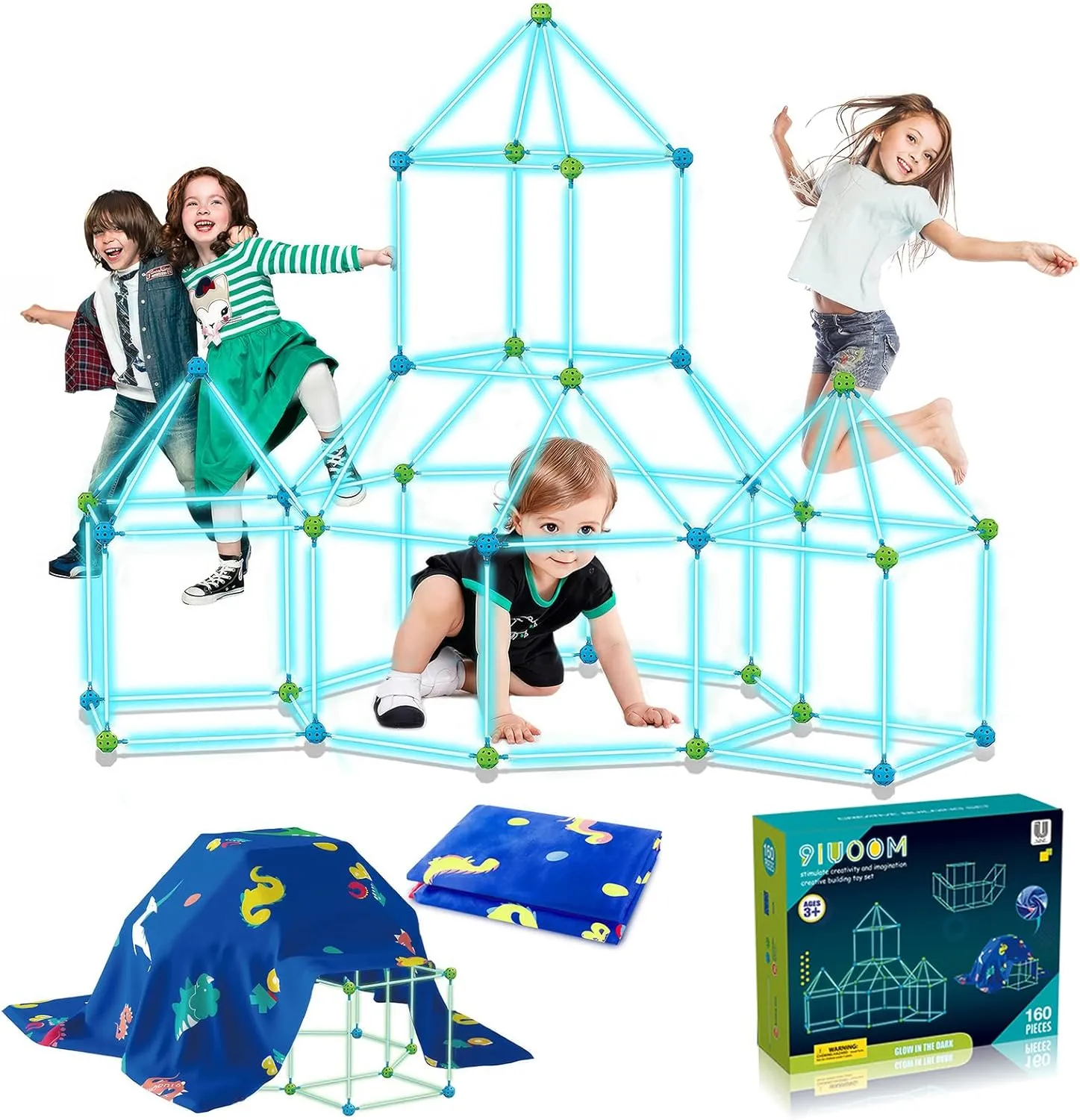 Fort Building Kit for Kids 160 Pcs Glow in The Dark Air Fort Builder Gift Construction Toys for 3 4 5 6 7 8 9  ages Boys Girls Fun Fort Building Tunnel Play Tent Indoor Outdoor(With Tent Cloth)
