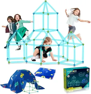 Fort Building Kit for Kids 160 Pcs Glow in The Dark Air Fort Builder Gift Construction Toys for 3 4 5 6 7 8 9  ages Boys Girls Fun Fort Building Tunnel Play Tent Indoor Outdoor(With Tent Cloth)