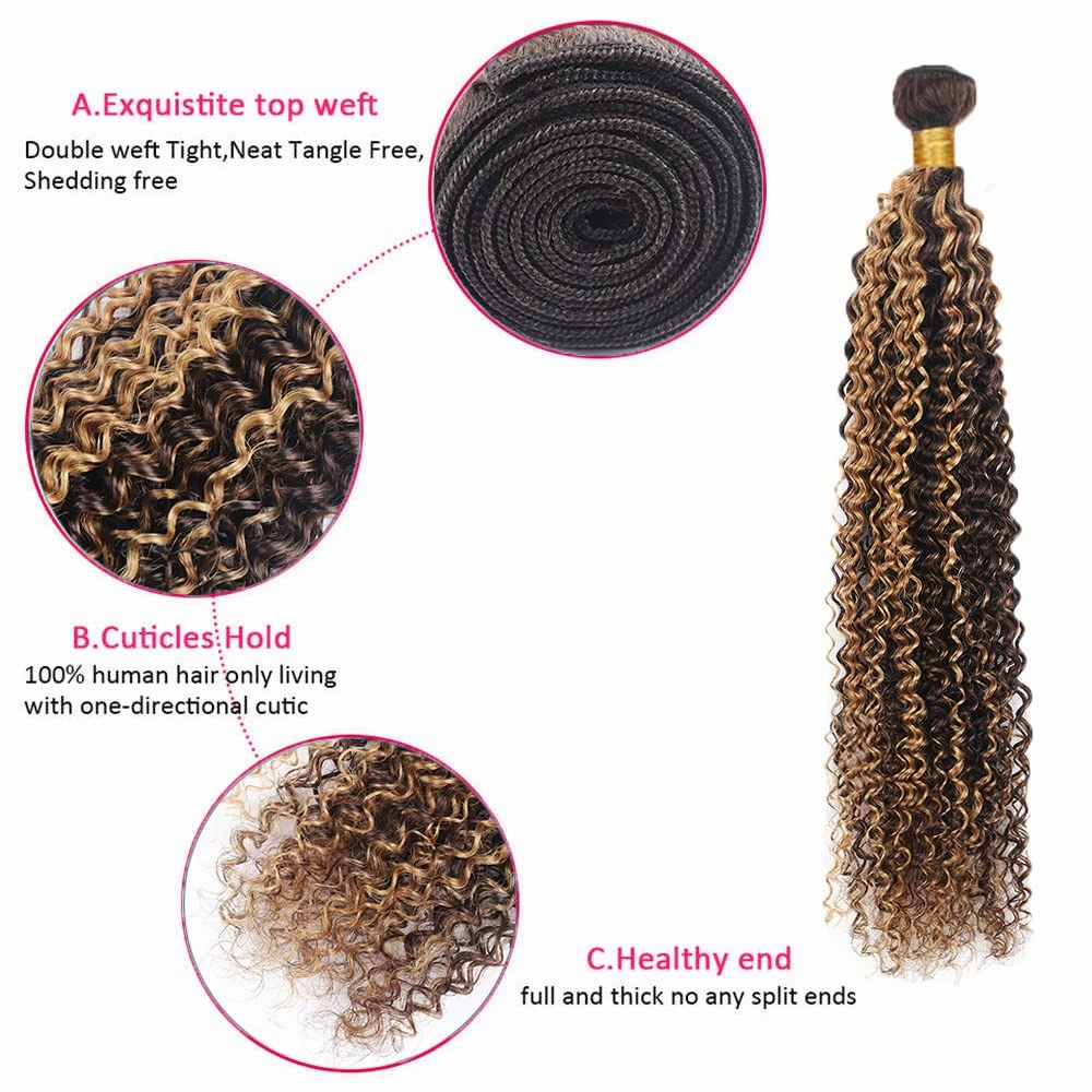 Freiuoke Honey Blonde Human Hair Bundles P4/27 Curly Wave Bundle Color 27 Kinky Curly 3 Bundles 8A Brazilian Virgin Remy Hair 8 10 12 Inch 300g