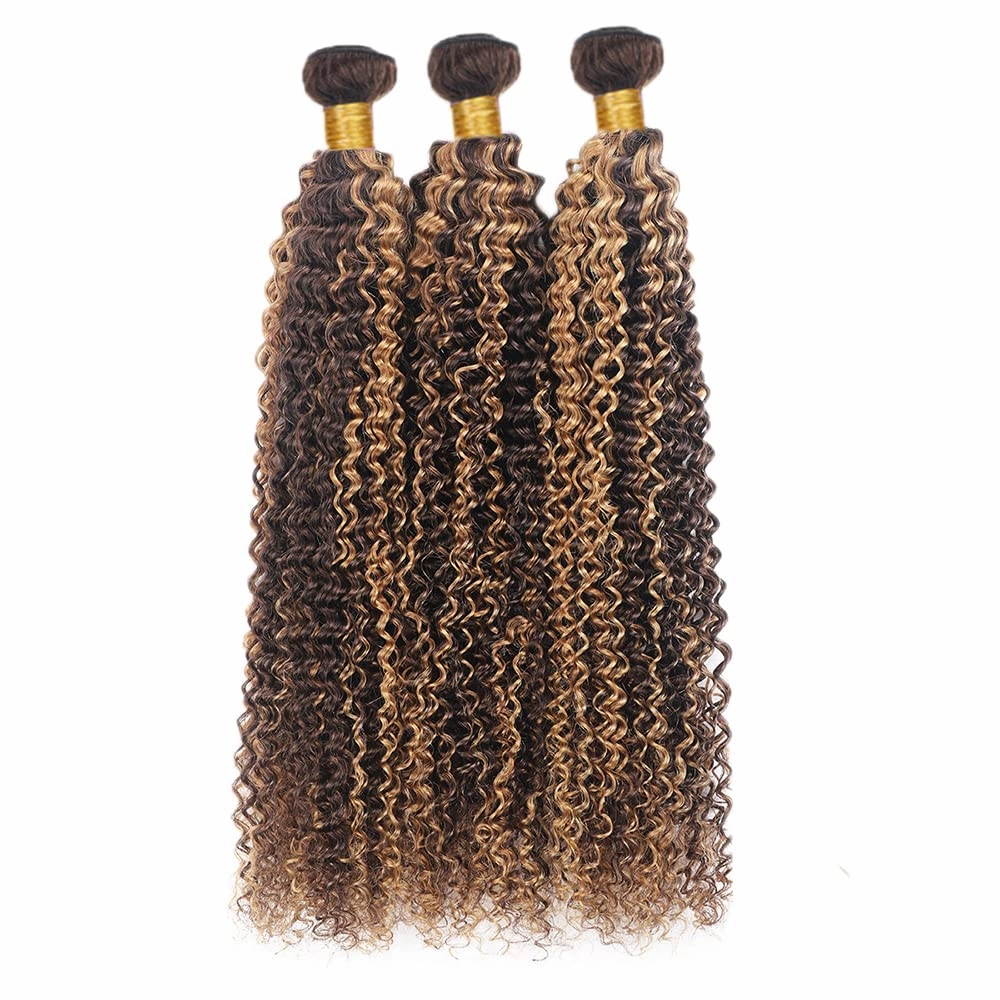 Freiuoke Honey Blonde Human Hair Bundles P4/27 Curly Wave Bundle Color 27 Kinky Curly 3 Bundles 8A Brazilian Virgin Remy Hair 8 10 12 Inch 300g