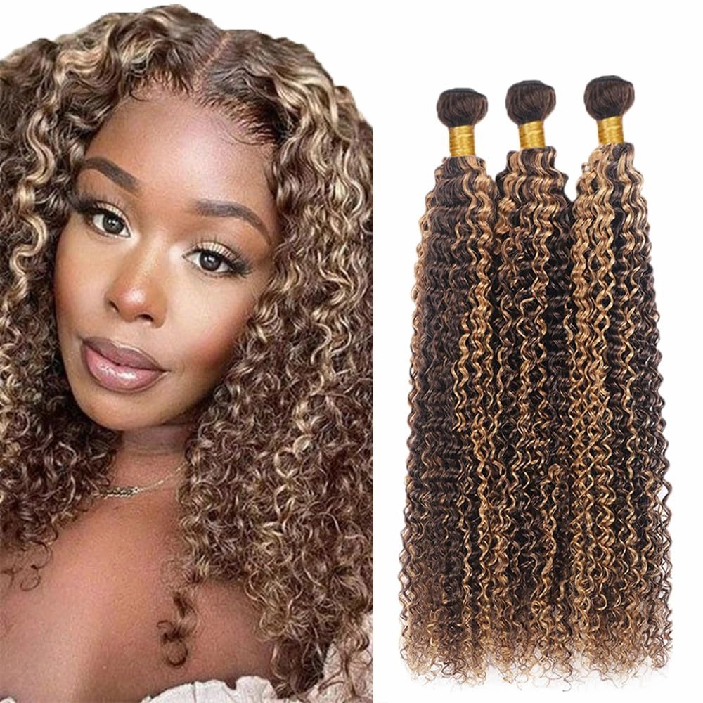 Freiuoke Honey Blonde Human Hair Bundles P4/27 Curly Wave Bundle Color 27 Kinky Curly 3 Bundles 8A Brazilian Virgin Remy Hair 8 10 12 Inch 300g