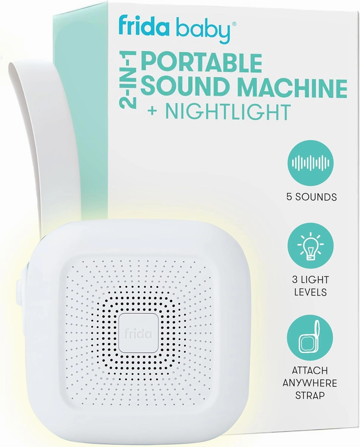 Frida Baby 2-in-1 Portable Sound Machine for Baby   Nightlight | White Noise Sound Machine for Baby with 5 Soothing Sounds & 3 Nightlight Modes | Travel Sound Machine Attaches to Strollers, Car Seats