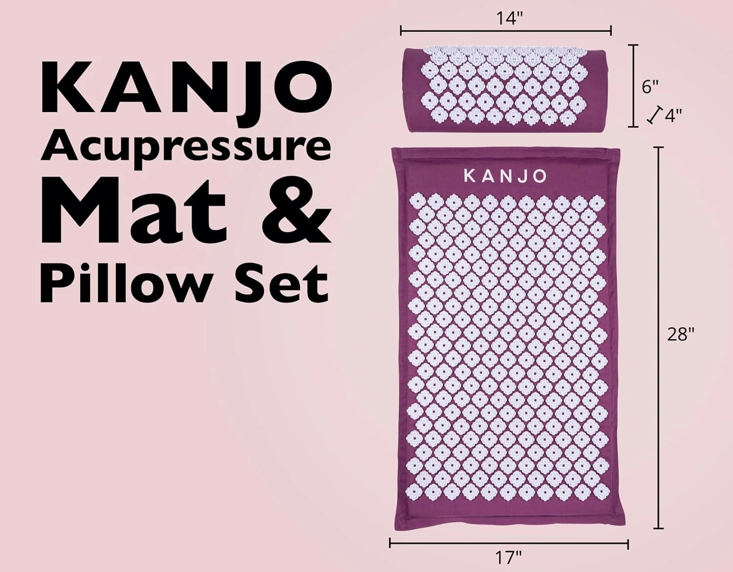 FSA HSA Eligible Kanjo Premium Acupressure Mat and Pillow Set for Back Pain Relief & Neck Pain Relief, with Memory Foam Pillow, Includes Carry Bag, Amethyst