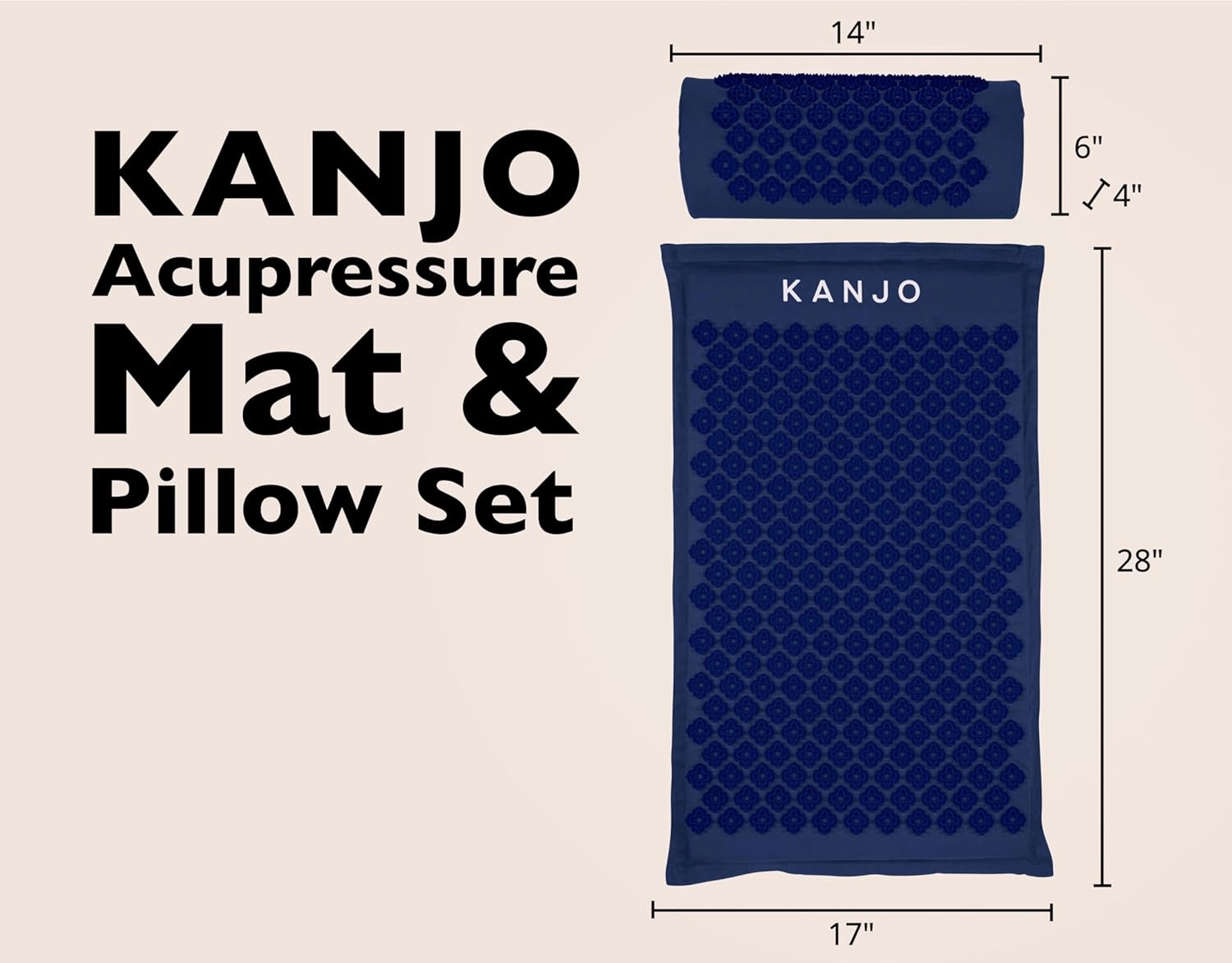 FSA HSA Eligible Kanjo Premium Acupressure Mat and Pillow Set for Back Pain Relief & Neck Pain Relief, with Memory Foam Pillow, Includes Carry Bag, Navy