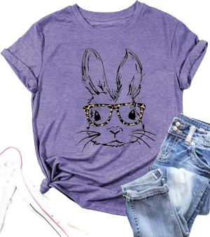 Funny Bunny Print T Shirt for Women Cute Grapic Leopard Shirts Family Blouse Gifts Easter Tops Tee