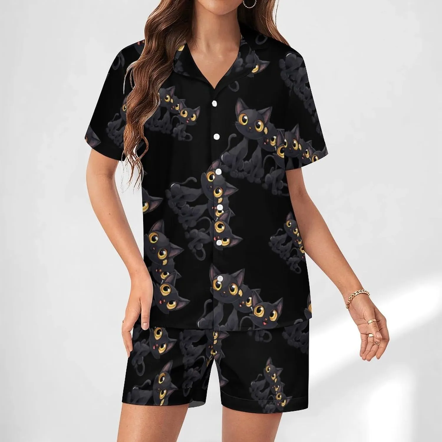 Funny Cute Black Cat Women's Satin Pajama Set Short Sleeve Button Down Sleepwear Loungewear Pj Set