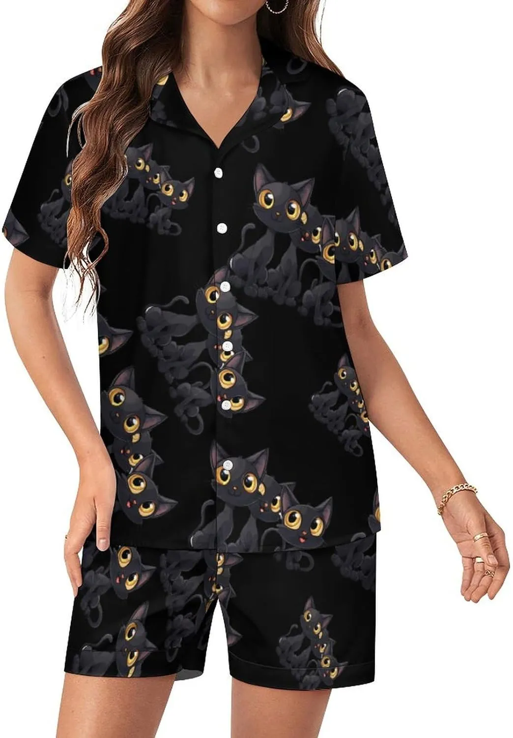 Funny Cute Black Cat Women's Satin Pajama Set Short Sleeve Button Down Sleepwear Loungewear Pj Set