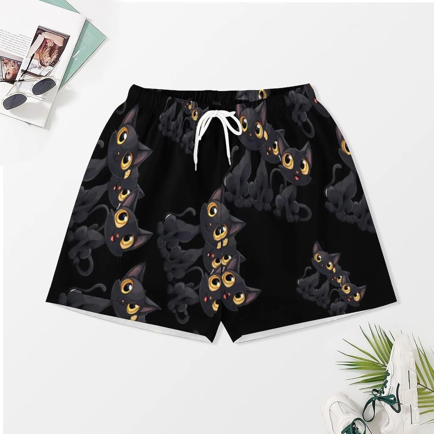 Funny Cute Black Cat Women's Satin Pajama Set Short Sleeve Button Down Sleepwear Loungewear Pj Set
