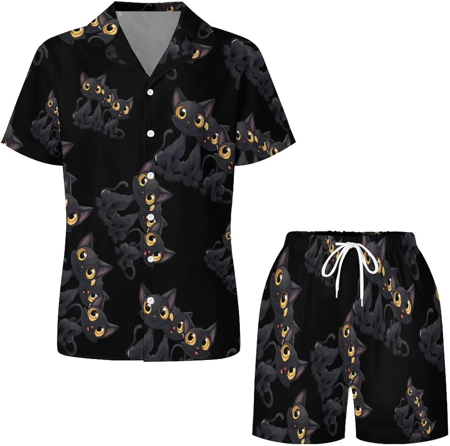 Funny Cute Black Cat Women's Satin Pajama Set Short Sleeve Button Down Sleepwear Loungewear Pj Set