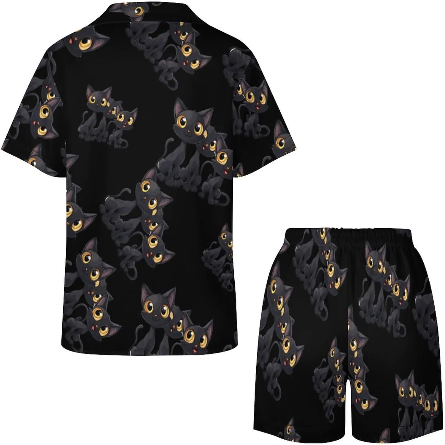 Funny Cute Black Cat Women's Satin Pajama Set Short Sleeve Button Down Sleepwear Loungewear Pj Set