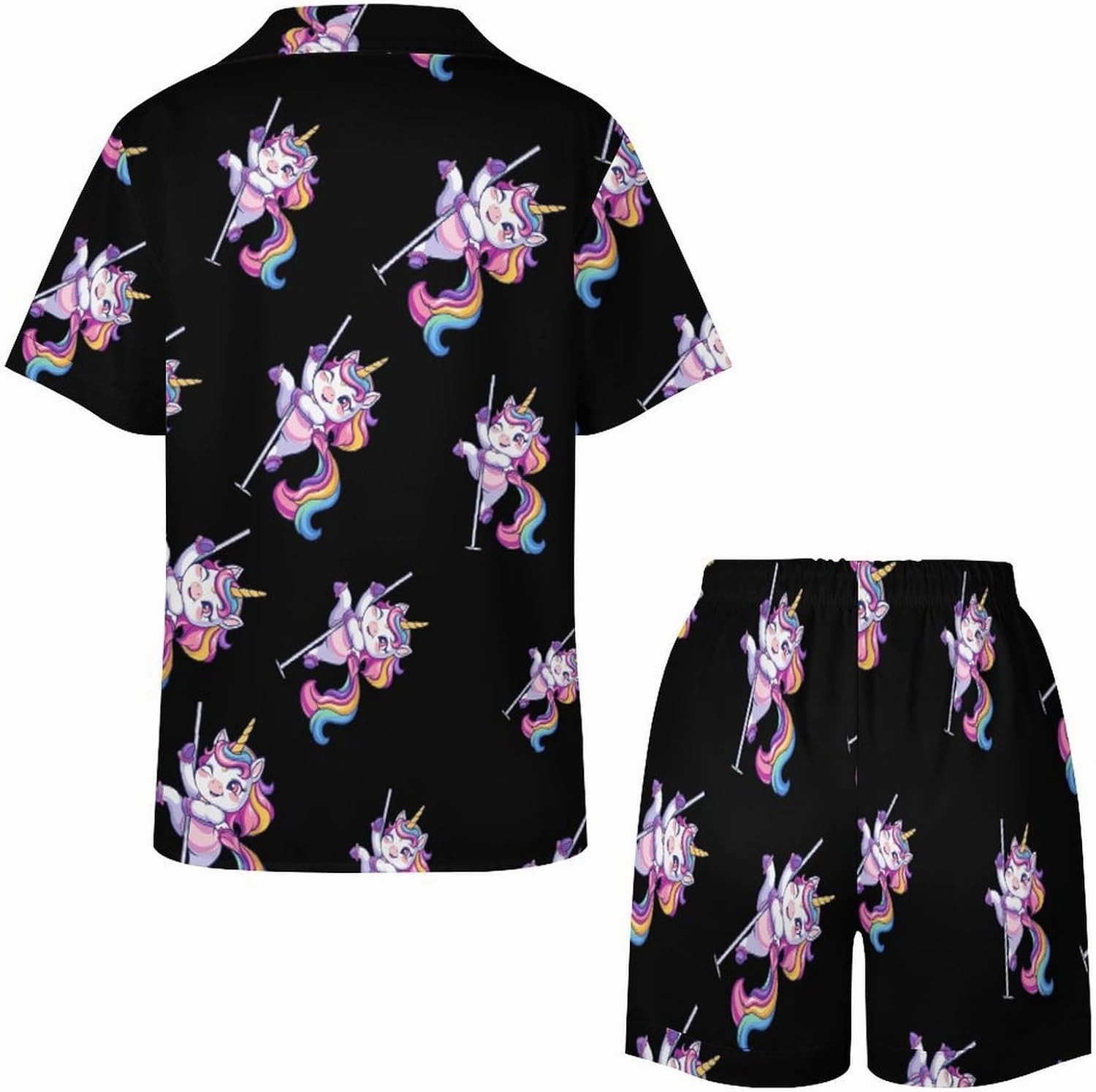 Funny Pole Dancing Unicorn Women's Satin Pajama Set Short Sleeve Button Down Sleepwear Loungewear Pj Set