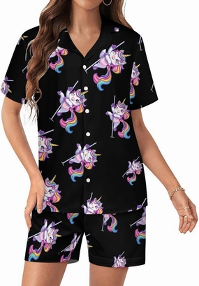 Funny Pole Dancing Unicorn Women's Satin Pajama Set Short Sleeve Button Down Sleepwear Loungewear Pj Set