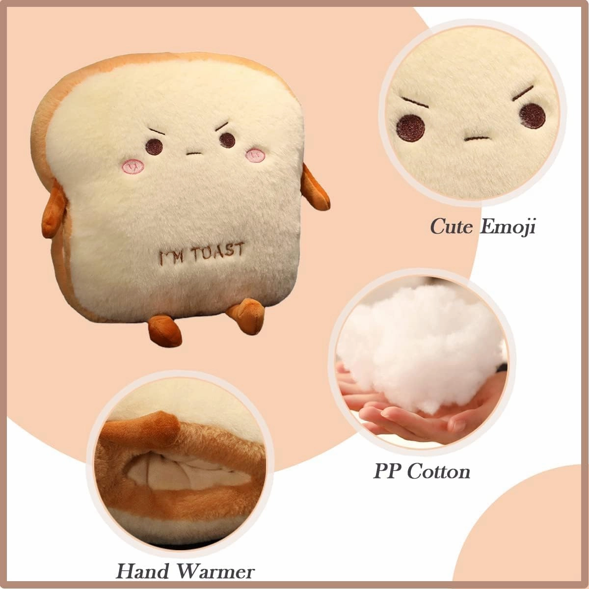Funny Toast Plush Travel Pillow Hand Warmer Nap Pillow Cute Plush Bread Soft Washable Seat Cushion Pad for Car, Office and Home, Angry