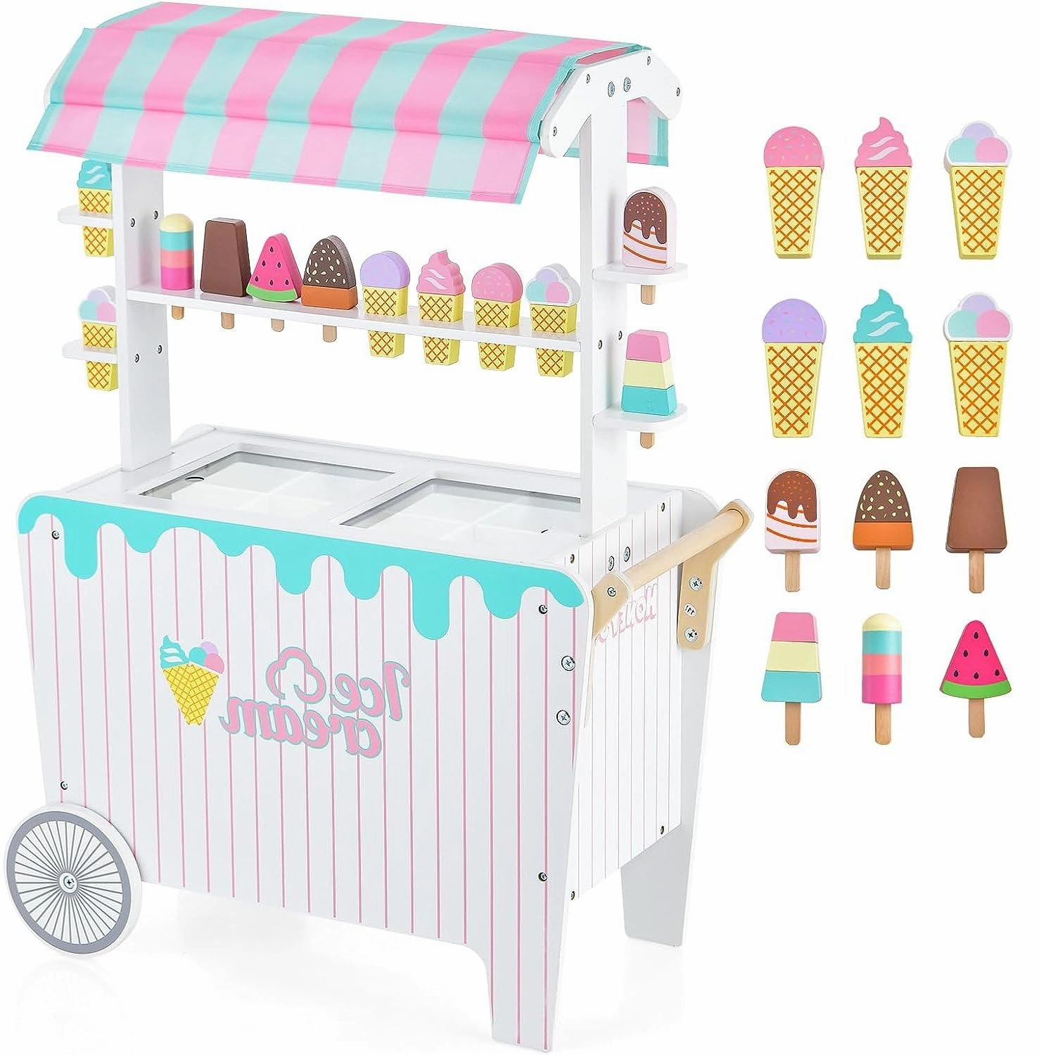 FUTADA Wooden Ice Cream Cart for Kids, Pretend Play Food Trunk Toy with 12 Pieces Play Accessories, Display Rack, Freezer Compartment, Toddler Ice Cream Toy Set with 2 Wheels, Gift for Boys Girls 3 