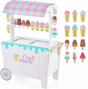 FUTADA Wooden Ice Cream Cart for Kids, Pretend Play Food Trunk Toy with 12 Pieces Play Accessories, Display Rack, Freezer Compartment, Toddler Ice Cream Toy Set with 2 Wheels, Gift for Boys Girls 3 