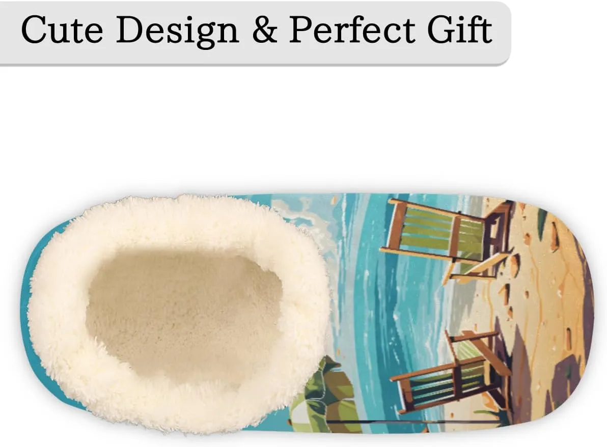 Fuzzy House Slippers for Women Men, Seaside Beach Chair Anti-Slip Fleece Lined Shoes, Home Bedroom Indoor Slippers with Plush Lining, Palm Tree Warm Slippers