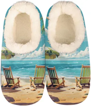 Fuzzy House Slippers for Women Men, Seaside Beach Chair Anti-Slip Fleece Lined Shoes, Home Bedroom Indoor Slippers with Plush Lining, Palm Tree Warm Slippers
