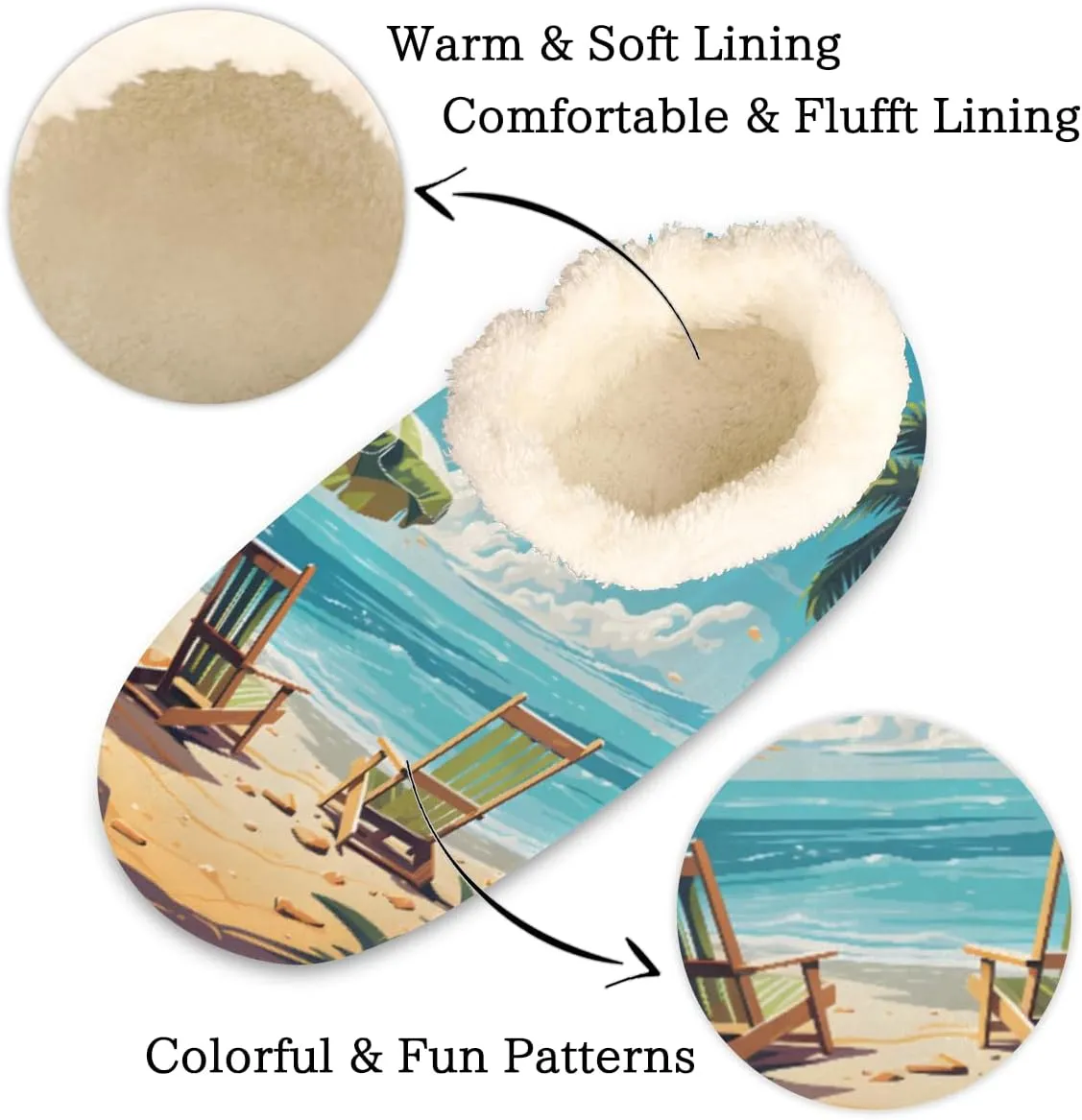 Fuzzy House Slippers for Women Men, Seaside Beach Chair Anti-Slip Fleece Lined Shoes, Home Bedroom Indoor Slippers with Plush Lining, Palm Tree Warm Slippers
