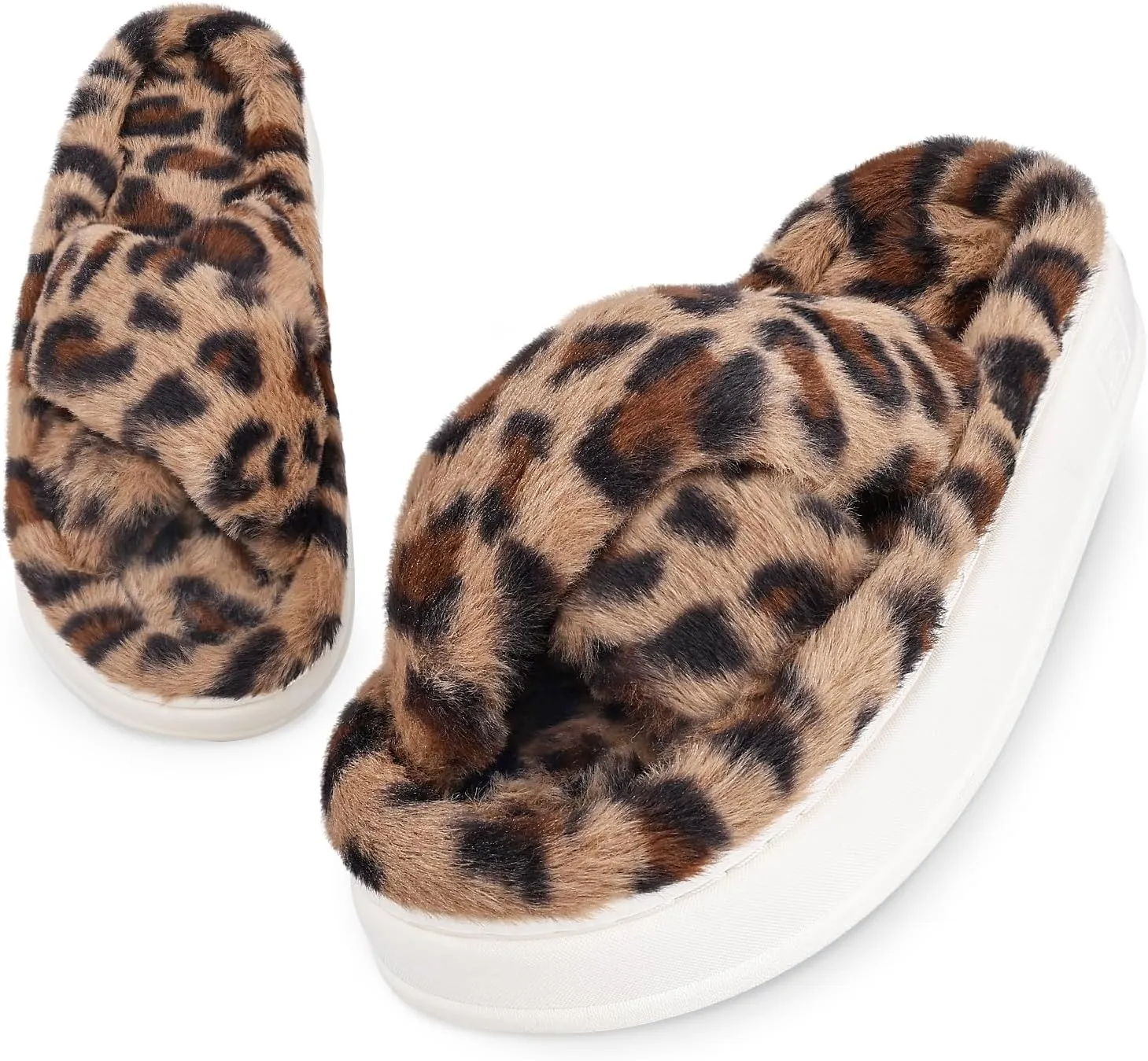 Fuzzy Open Toe House Slippers for Women, Plush Leopard Cross Band Slides, Soft Plush Faux Fur Lining Bedroom Shoes, Non-Slip Winter Indoor Slippers