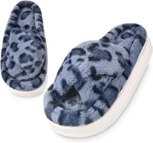 Fuzzy Open Toe House Slippers for Women, Plush Leopard Cross Band Slides, Soft Plush Faux Fur Lining Bedroom Shoes, Non-Slip Winter Indoor Slippers