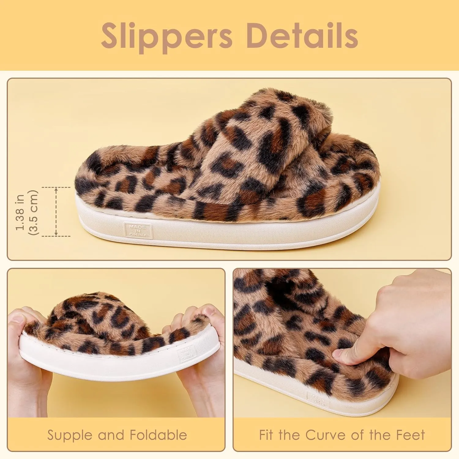 Fuzzy Open Toe House Slippers for Women, Plush Leopard Cross Band Slides, Soft Plush Faux Fur Lining Bedroom Shoes, Non-Slip Winter Indoor Slippers