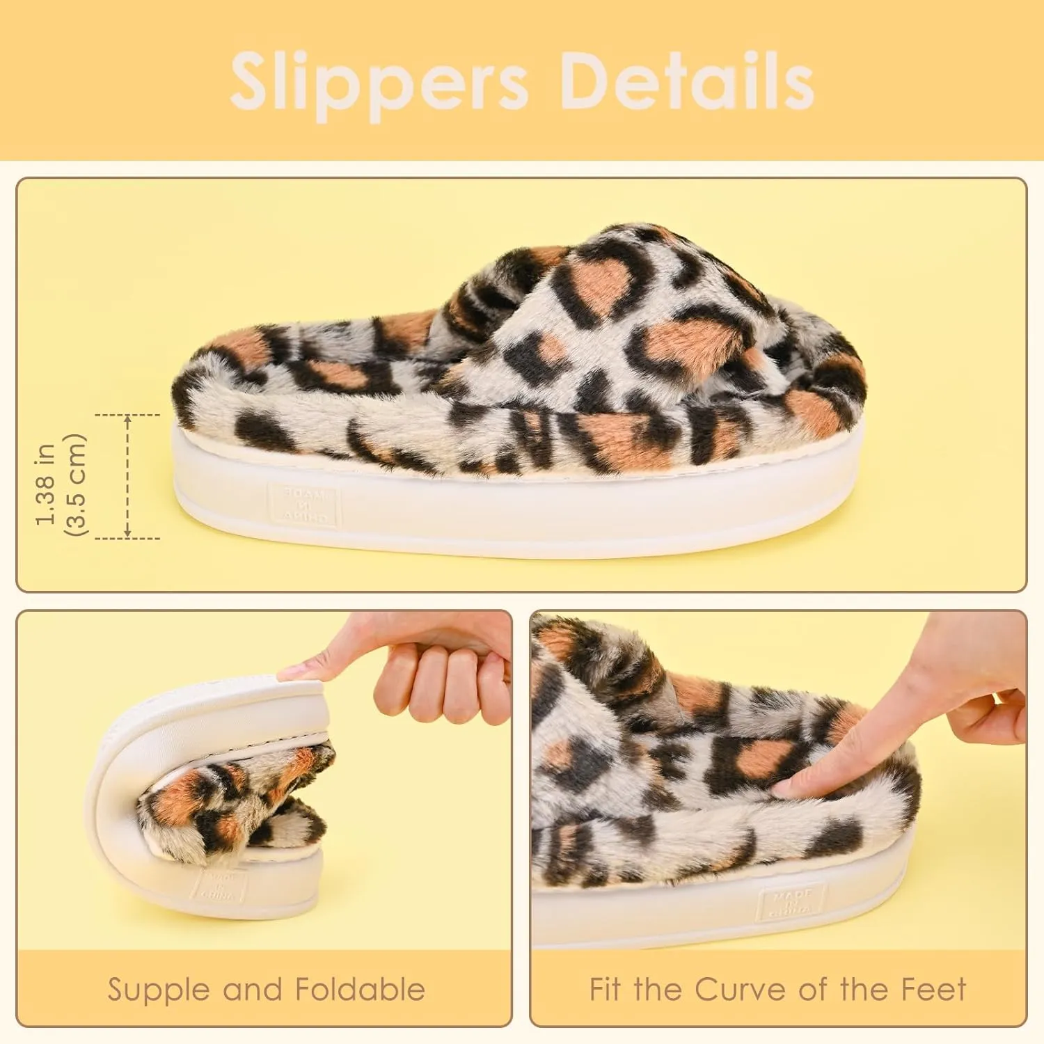 Fuzzy Open Toe House Slippers for Women, Plush Leopard Cross Band Slides, Soft Plush Faux Fur Lining Bedroom Shoes, Non-Slip Winter Indoor Slippers
