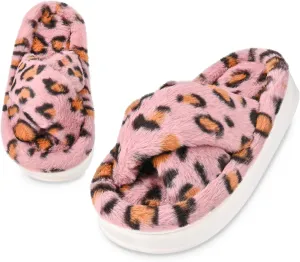 Fuzzy Open Toe House Slippers for Women, Plush Leopard Cross Band Slides, Soft Plush Faux Fur Lining Bedroom Shoes, Non-Slip Winter Indoor Slippers