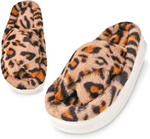 Fuzzy Open Toe House Slippers for Women, Plush Leopard Cross Band Slides, Soft Plush Faux Fur Lining Bedroom Shoes, Non-Slip Winter Indoor Slippers