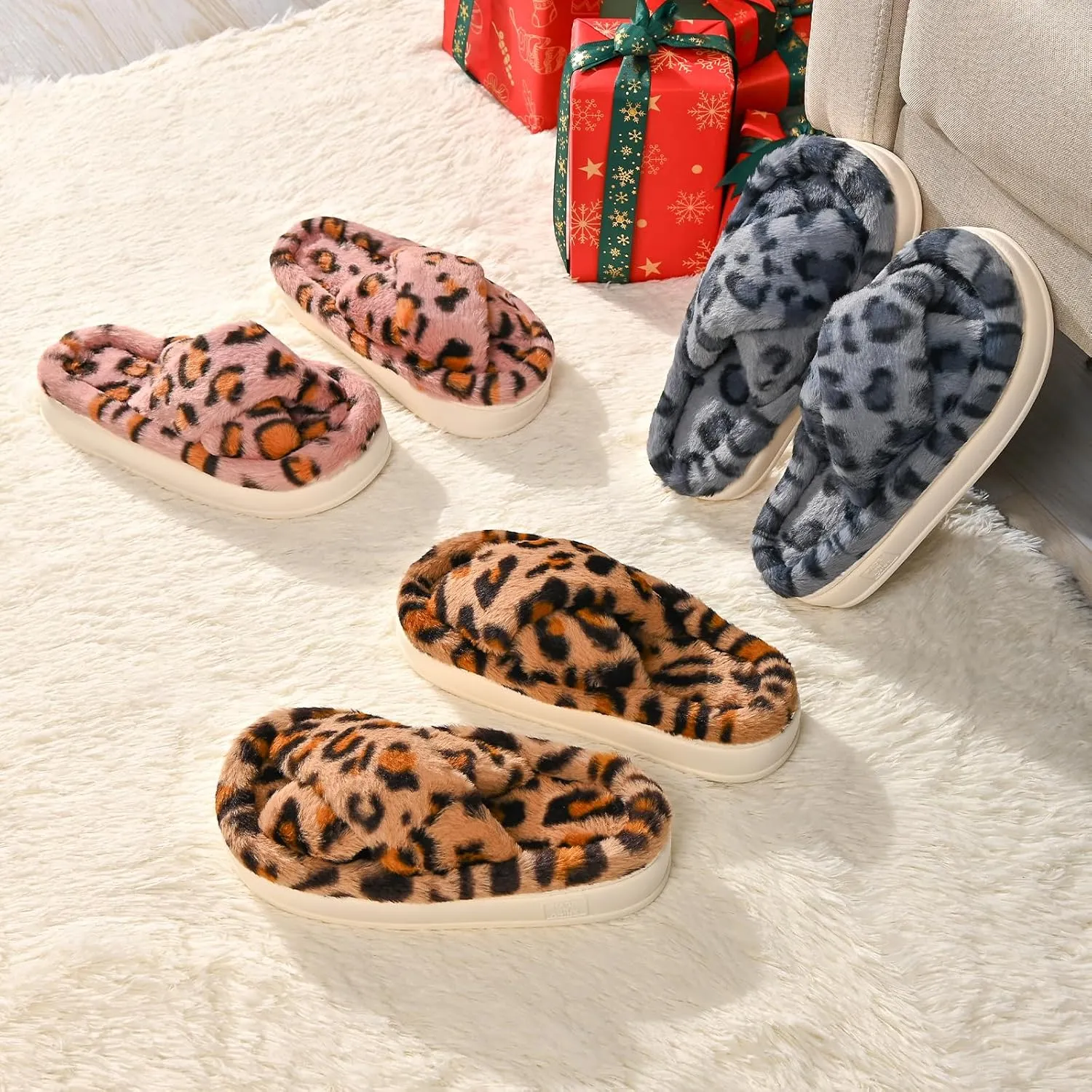 Fuzzy Open Toe House Slippers for Women, Plush Leopard Cross Band Slides, Soft Plush Faux Fur Lining Bedroom Shoes, Non-Slip Winter Indoor Slippers