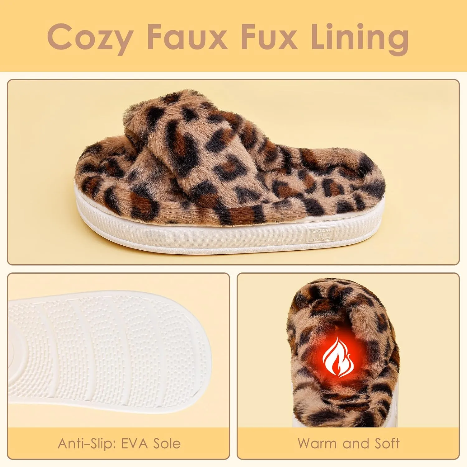 Fuzzy Open Toe House Slippers for Women, Plush Leopard Cross Band Slides, Soft Plush Faux Fur Lining Bedroom Shoes, Non-Slip Winter Indoor Slippers