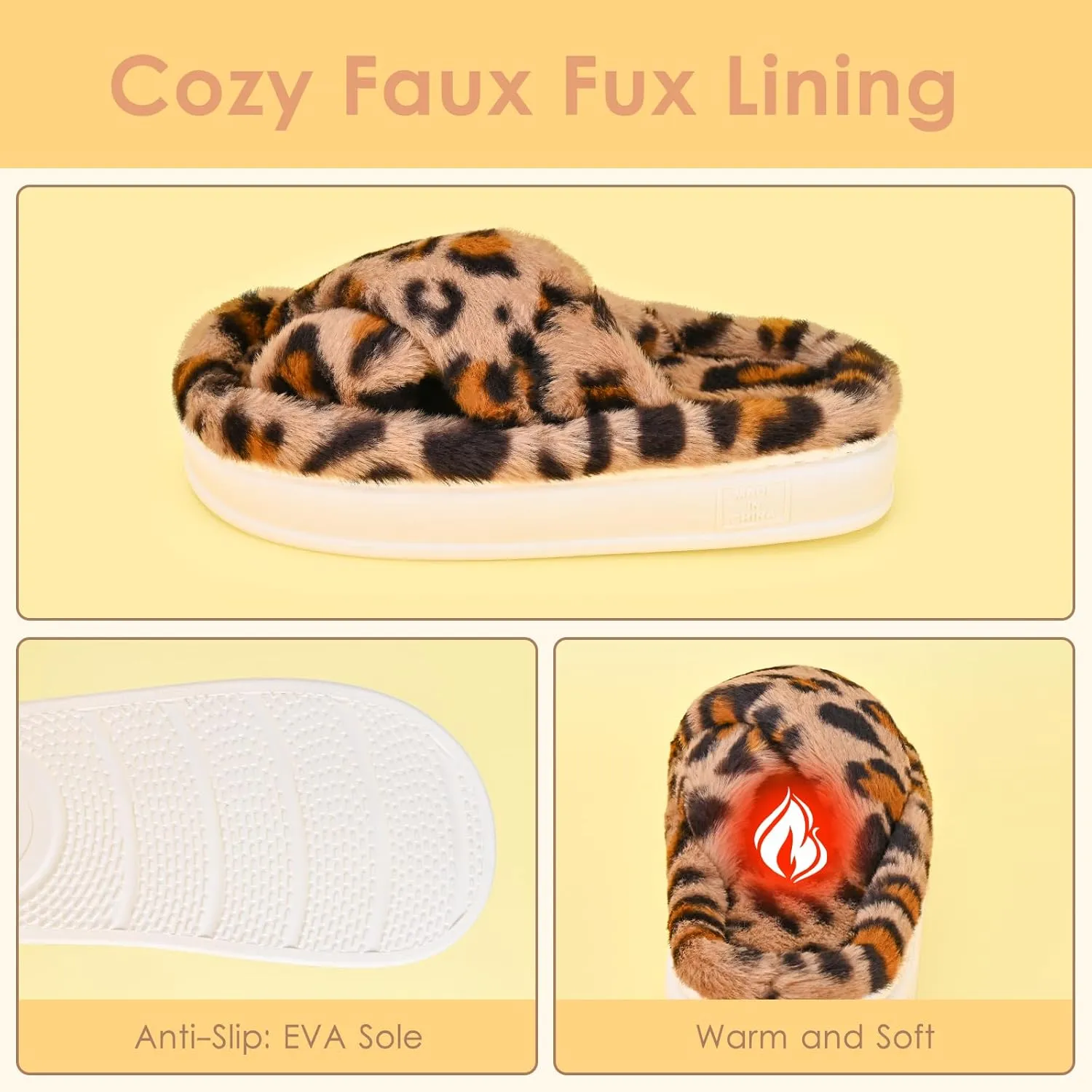 Fuzzy Open Toe House Slippers for Women, Plush Leopard Cross Band Slides, Soft Plush Faux Fur Lining Bedroom Shoes, Non-Slip Winter Indoor Slippers