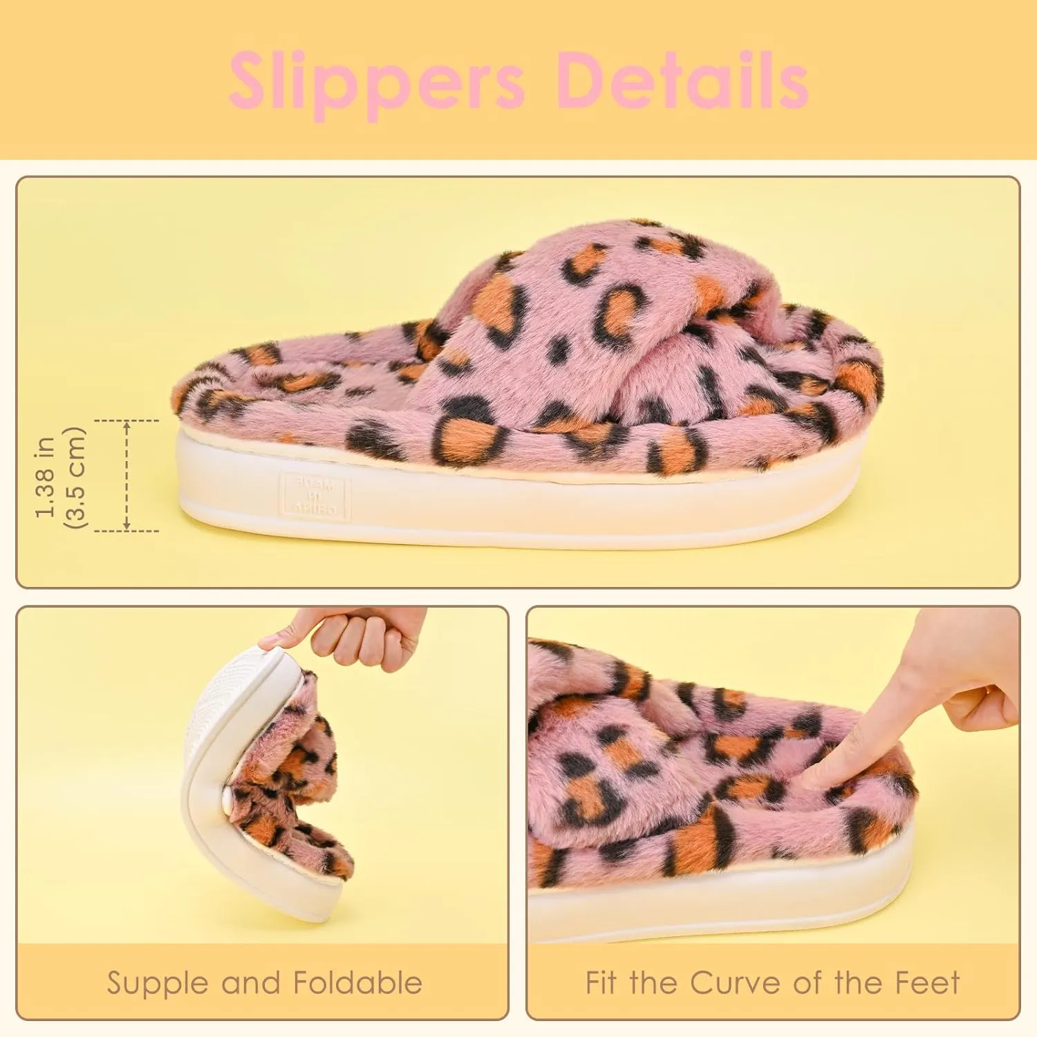 Fuzzy Open Toe House Slippers for Women, Plush Leopard Cross Band Slides, Soft Plush Faux Fur Lining Bedroom Shoes, Non-Slip Winter Indoor Slippers