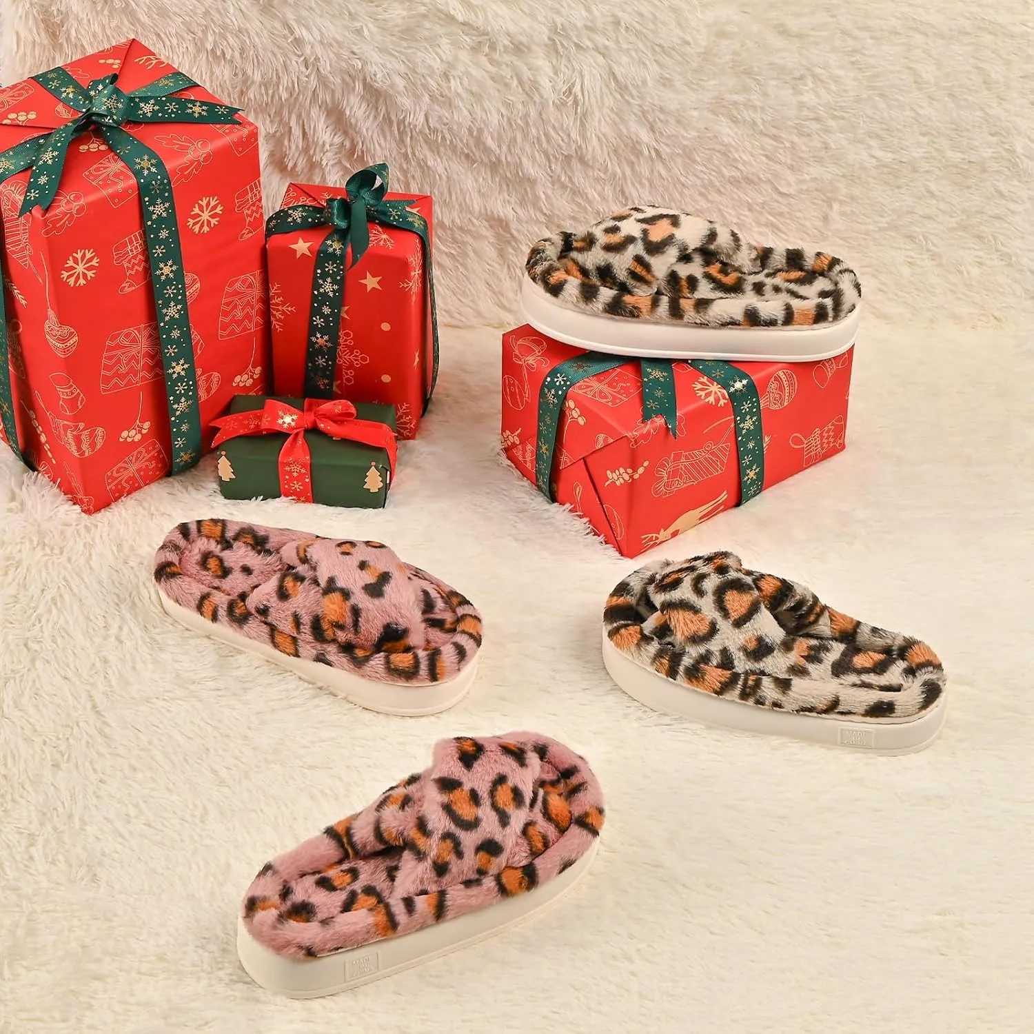 Fuzzy Open Toe House Slippers for Women, Plush Leopard Cross Band Slides, Soft Plush Faux Fur Lining Bedroom Shoes, Non-Slip Winter Indoor Slippers
