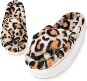 Fuzzy Open Toe House Slippers for Women, Plush Leopard Cross Band Slides, Soft Plush Faux Fur Lining Bedroom Shoes, Non-Slip Winter Indoor Slippers