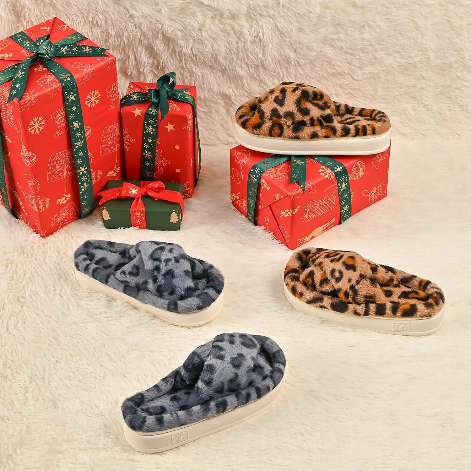 Fuzzy Open Toe House Slippers for Women, Plush Leopard Cross Band Slides, Soft Plush Faux Fur Lining Bedroom Shoes, Non-Slip Winter Indoor Slippers