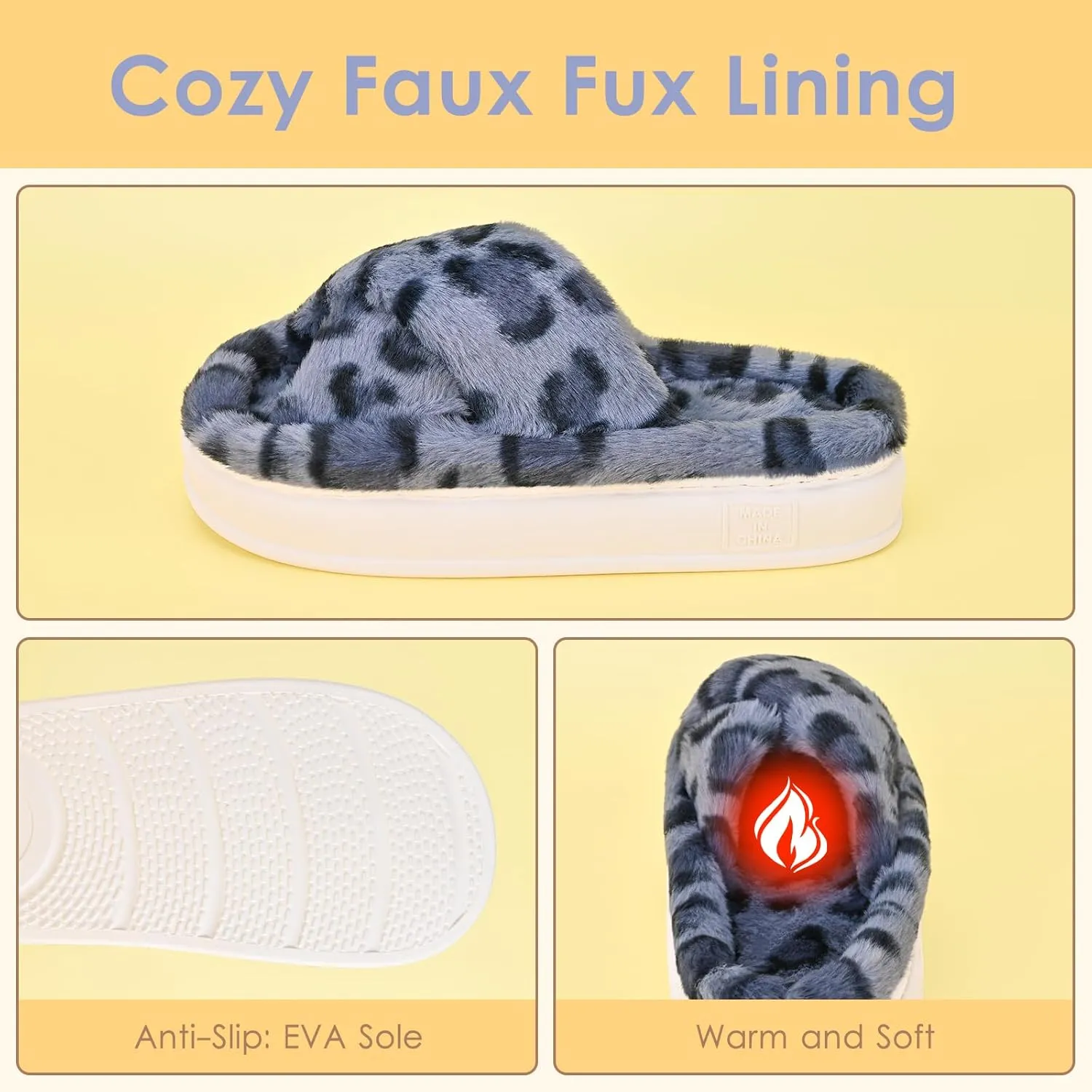 Fuzzy Open Toe House Slippers for Women, Plush Leopard Cross Band Slides, Soft Plush Faux Fur Lining Bedroom Shoes, Non-Slip Winter Indoor Slippers