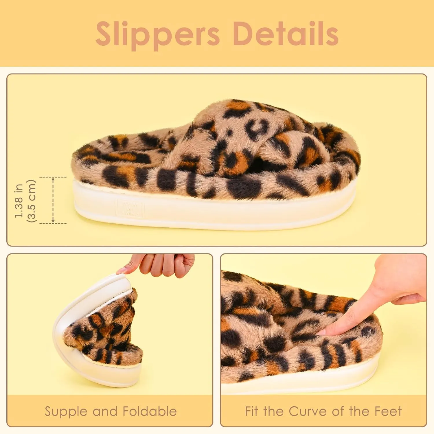 Fuzzy Open Toe House Slippers for Women, Plush Leopard Cross Band Slides, Soft Plush Faux Fur Lining Bedroom Shoes, Non-Slip Winter Indoor Slippers