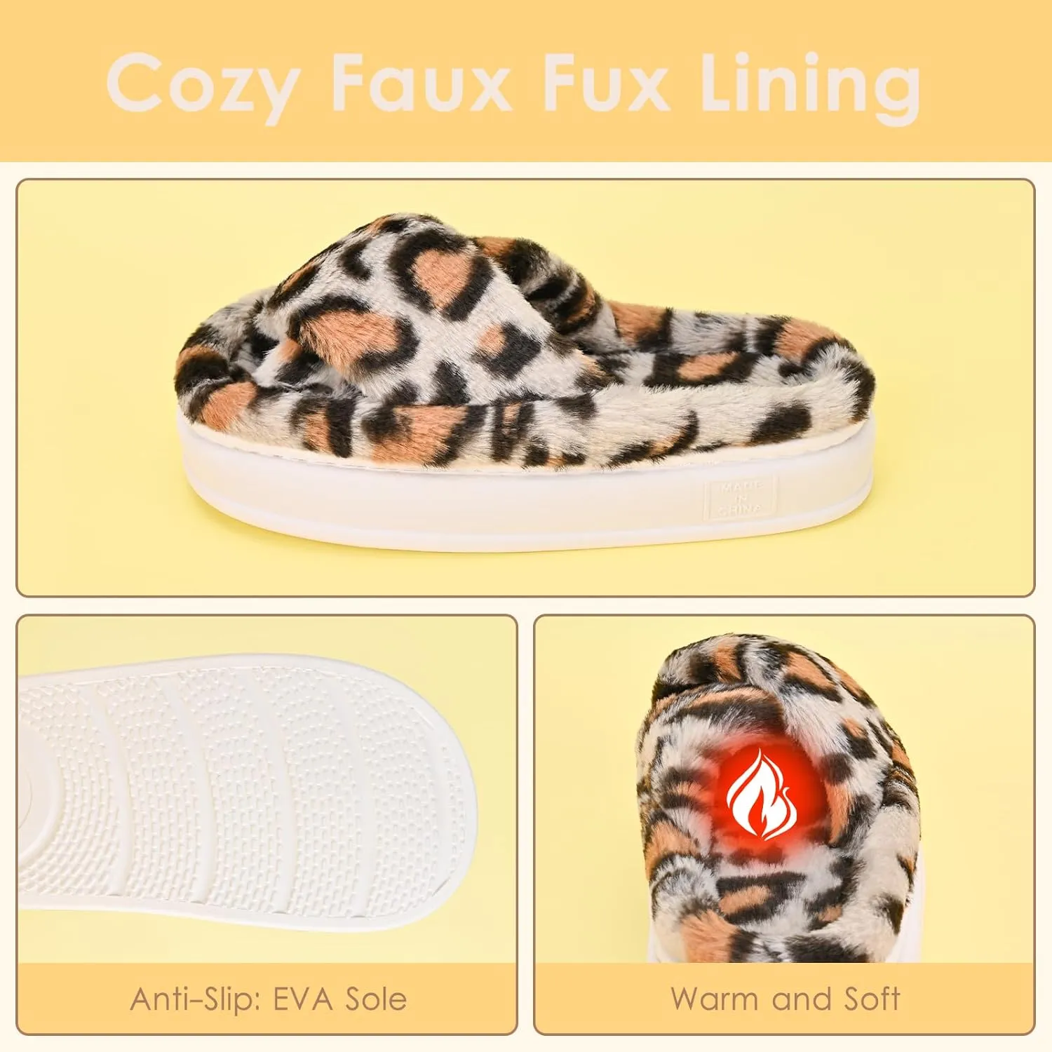 Fuzzy Open Toe House Slippers for Women, Plush Leopard Cross Band Slides, Soft Plush Faux Fur Lining Bedroom Shoes, Non-Slip Winter Indoor Slippers