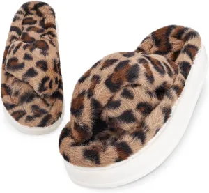 Fuzzy Open Toe House Slippers for Women, Plush Leopard Cross Band Slides, Soft Plush Faux Fur Lining Bedroom Shoes, Non-Slip Winter Indoor Slippers