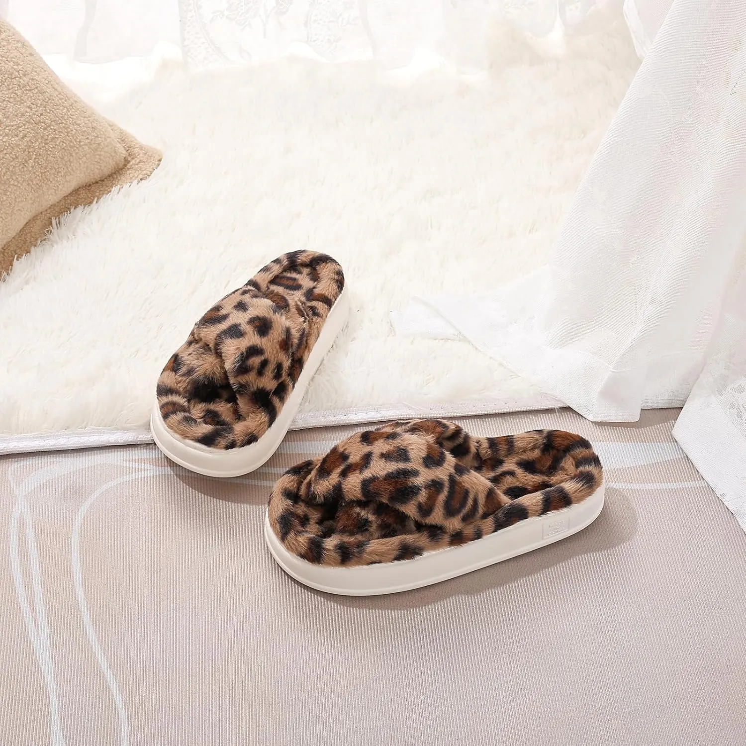 Fuzzy Open Toe House Slippers for Women, Plush Leopard Cross Band Slides, Soft Plush Faux Fur Lining Bedroom Shoes, Non-Slip Winter Indoor Slippers