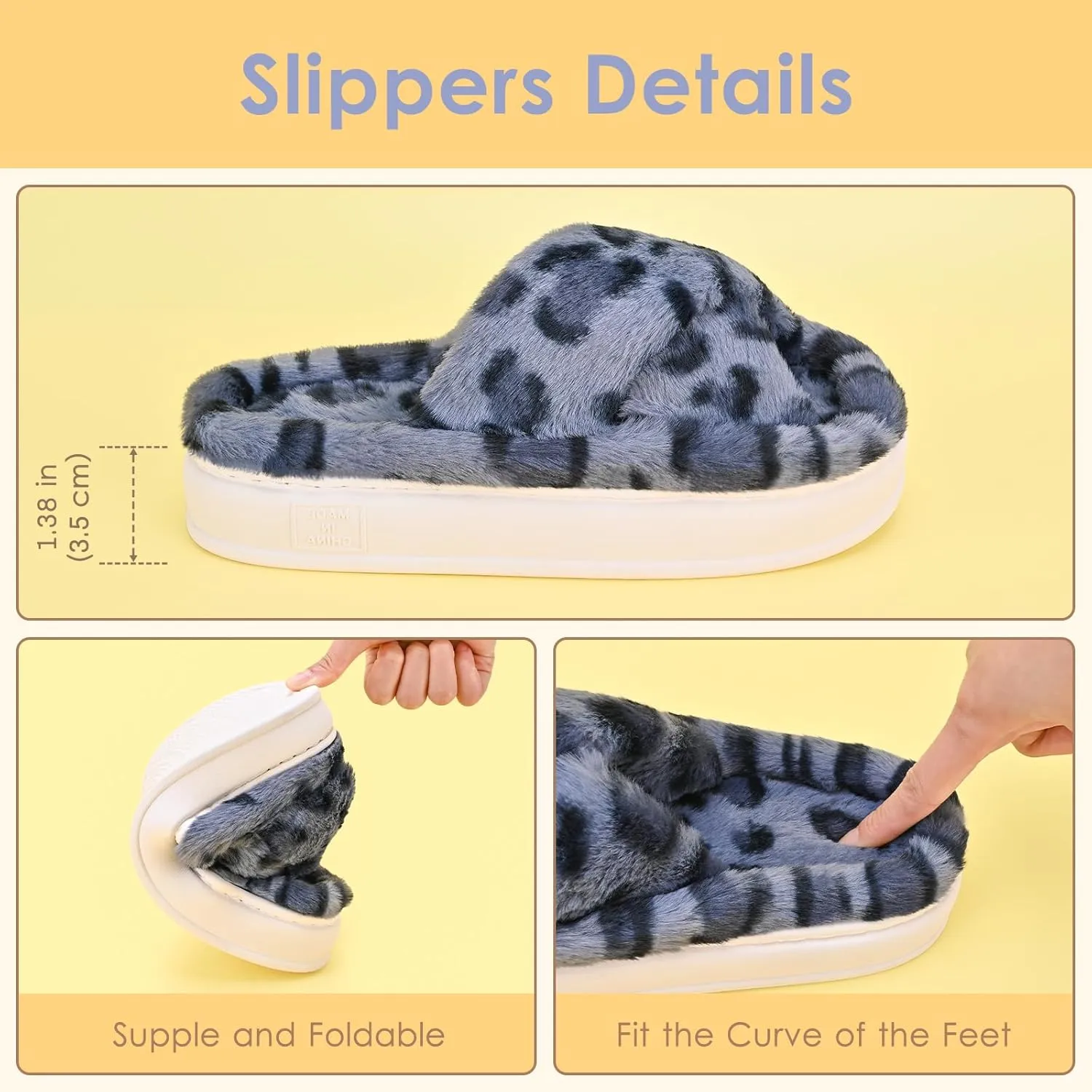 Fuzzy Open Toe House Slippers for Women, Plush Leopard Cross Band Slides, Soft Plush Faux Fur Lining Bedroom Shoes, Non-Slip Winter Indoor Slippers