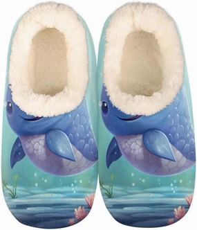 Fuzzy House Slippers for Women Men, Cute Whale Anti-Slip Fleece Lined Shoes, Home Bedroom Indoor Slippers with Plush Lining, Cartoon Whale Warm Slippers