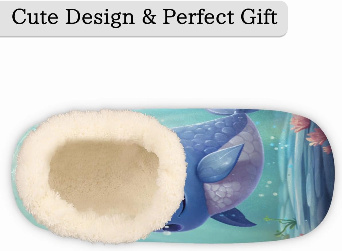 Fuzzy House Slippers for Women Men, Cute Whale Anti-Slip Fleece Lined Shoes, Home Bedroom Indoor Slippers with Plush Lining, Cartoon Whale Warm Slippers