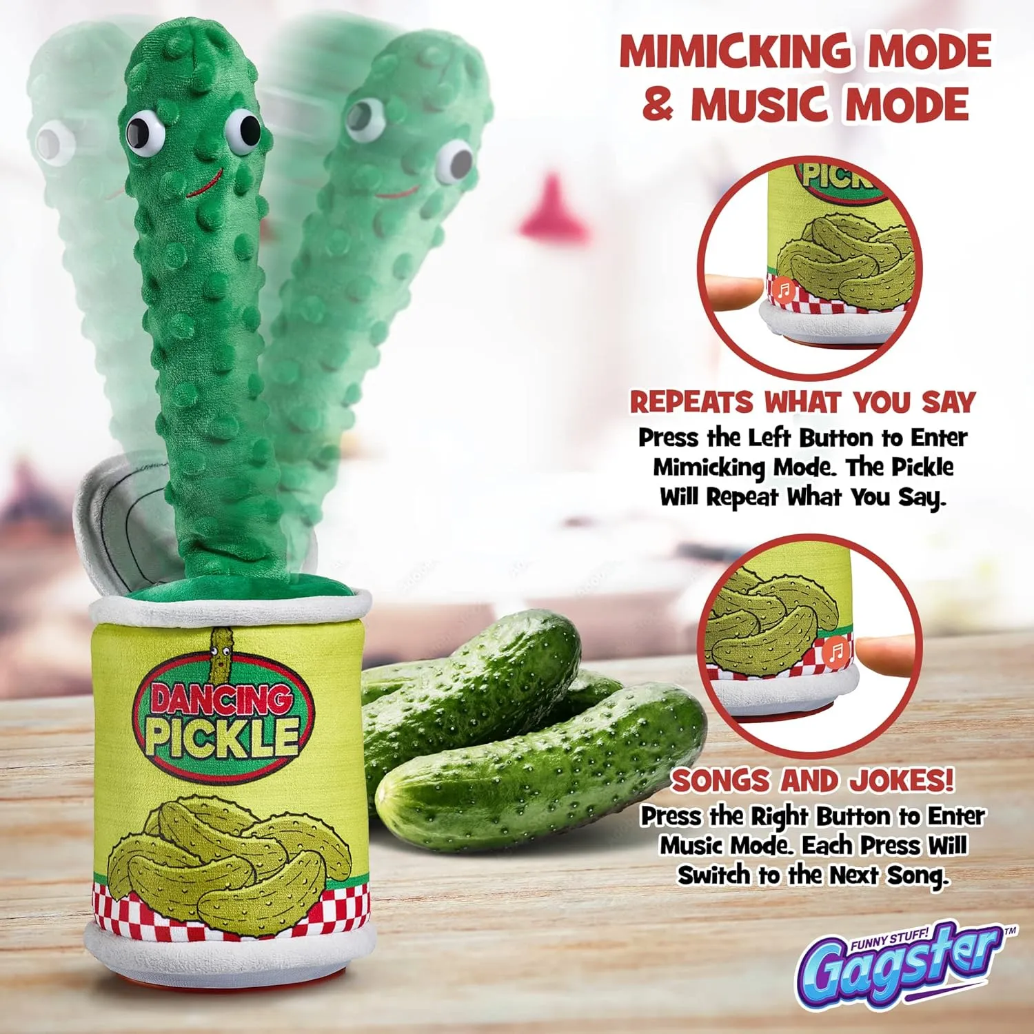 Gagster Dancing Pickle – Sings, Repeats What You Say & Tells Jokes – Hilarious Electronic Yodeling Pickle – Dance, Weird Random Stuff for Anyone Who Loves Funny Gag Gifts