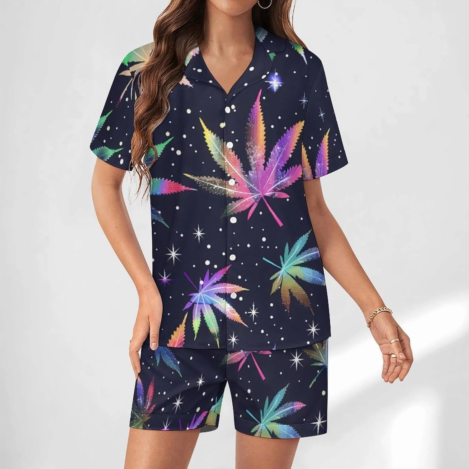 Galaxy Weed Leaves Women's Satin Pajama Set Short Sleeve Button Down Sleepwear Loungewear Pj Set